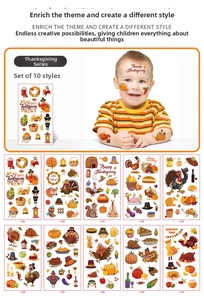 Detailed set of 10 waterproof Thanksgiving temporary tattoos featuring turkeys and pumpkins