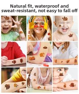 Kids temporary tattoos showing turkey, pumpkin and autumn leaf designs on arms and faces