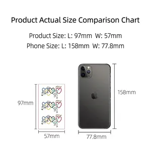 Cute heart and cat temporary tattoo stickers set with size comparison next to a phone