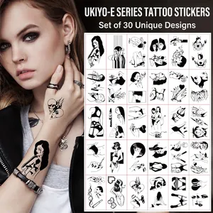 Tatuaggi Temporanei Impermeabili Stile Gotico Scuro Arte Lineare Minimalista Ukiyo-e per Uomo Donna
