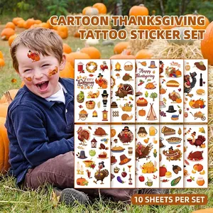 Thanksgiving Temporary Tattoo Stickers Waterproof Cartoon Turkey Pumpkin Maple Leaf For Kids Party Favors Decoration