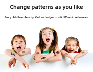 Close-up of waterproof cartoon vehicle temporary tattoos on children's arms