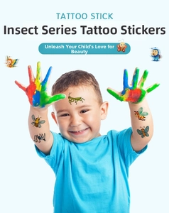 Detail of colorful cartoon insect temporary tattoos showing butterfly and bee on skin