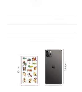 Cartoon insect temporary tattoos for kids showing the 6.8x12cm size comparison with a phone
