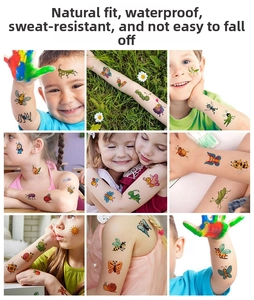 Detailed close-up of colorful waterproof cartoon insect tattoo stickers on a child's skin