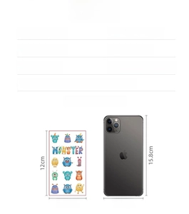 Detail showing 6.8x12cm waterproof cartoon monster tattoo size compared to a smartphone