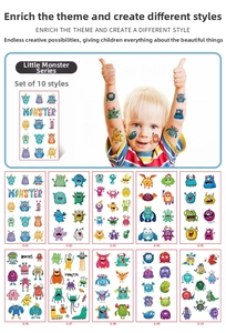 Detailed sheet showing ten colorful cartoon monster temporary tattoo stickers for children
