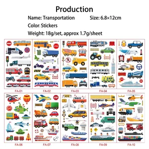 Set of 10 waterproof cartoon vehicle temporary tattoos with cars, planes, and ships