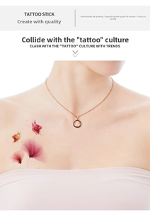 Detail of waterproof temporary tattoo with butterfly and translucent flower motifs