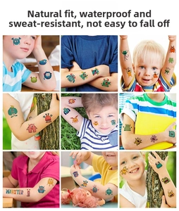 Waterproof cartoon monster temporary tattoos for kids shown on skin and face