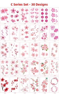 Set of 30 cherry blossom temporary tattoo designs in pink and red floral styles