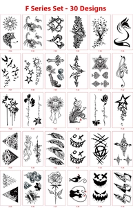 Detailed catalog of 30 different black and white waterproof temporary tattoo stickers