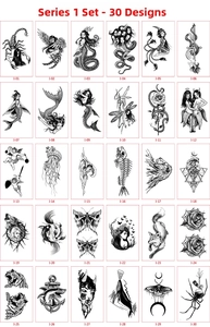 Set of 30 minimalist black line temporary tattoo stickers featuring gothic and animal designs