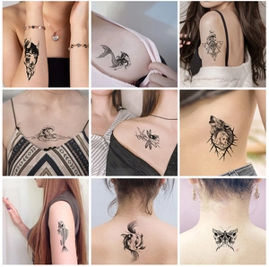 Collage of black artistic temporary tattoos showing wolf, mermaid and geometric designs
