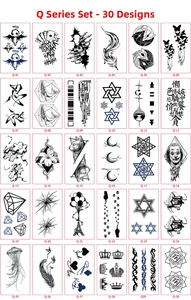 Detailed grid showing 30 assorted waterproof temporary tattoo designs in black and blue