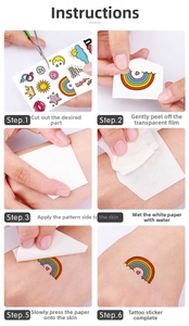 Step-by-step visual guide for applying waterproof temporary cartoon tattoo stickers on skin