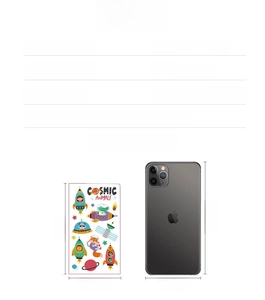 Detailed view of 6.8x12cm space theme tattoo stickers with size comparison guide