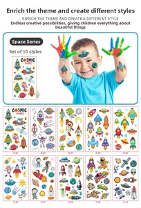 Detailed sheet of waterproof space themed temporary tattoos for kids with astronaut designs