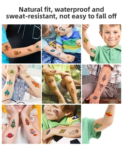 Close-up of waterproof space tattoos for kids featuring colorful rockets and astronauts