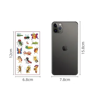 Waterproof cartoon insect tattoos stickers showing 15 cute bug designs and size reference