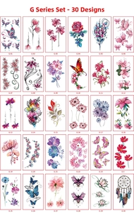 Lot de 30 tatouages temporaires imperméables avec des motifs réalistes de fleurs et papillons