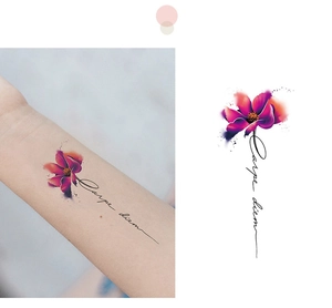 Détail d'un tatouage temporaire floral avec texte Carpe diem sur poignet et fond blanc