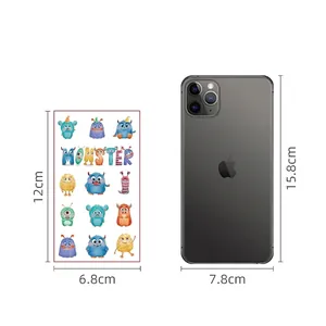 Cartoon monster waterproof temporary tattoos for kids with size comparison to smartphone