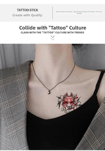 Detail of waterproof temporary tattoo with red fox mask and floral pattern on chest