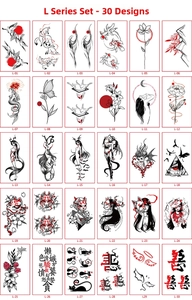 Detailed catalog showing 30 unique red and black temporary tattoo designs with Japanese motifs
