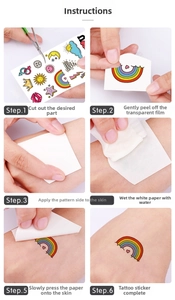 Six-step guide for applying colorful rainbow and heart temporary tattoo stickers