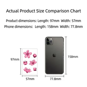 Waterproof cherry blossom tattoo sticker size guide with 97x57mm dimensions and scale