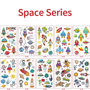 Set of 10 waterproof cartoon space temporary tattoos featuring astronauts and UFOs