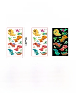 Luminous dinosaur cartoon tattoos for kids showing glowing effect and size details
