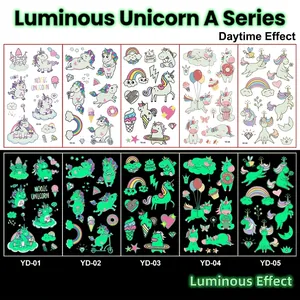 Glow in the dark unicorn tattoo stickers with waterproof cartoon rainbow and castle designs