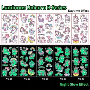 Cartoon unicorn luminous tattoo stickers showing day color and green glow effects