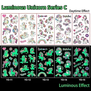 Glow-in-the-dark unicorn temporary tattoos showing day vs night luminous effect