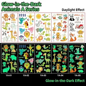 Luminous cartoon animal temporary tattoos showing daytime and glowing nighttime effects