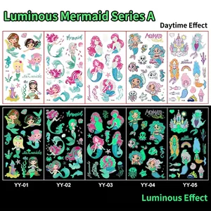 Glow-in-the-dark mermaid temporary tattoos showing daytime and luminous night effects