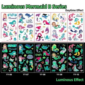 Glow-in-the-dark mermaid temporary tattoos for kids with day and night neon effect