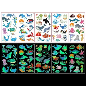 Luminous ocean animal temporary tattoos showing day vs night glowing effect for kids