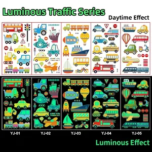 Luminous kids vehicle stickers showing daylight colors and green glow in the dark effect