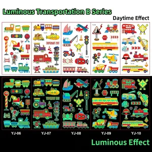 Luminous vehicle tattoo stickers for kids showing day and green glow-in-the-dark effects