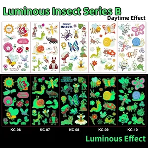 Luminous temporary tattoos for kids with glowing insect patterns in dark and light view