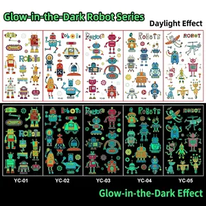 Luminous waterproof robot temporary tattoos showing day colors and glow-in-the-dark effects