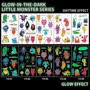 Luminous cartoon temporary tattoos showing daytime colors and green night glow effects