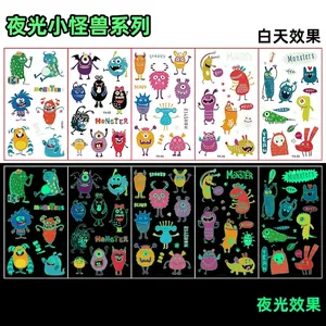 Luminous cartoon temporary tattoos showing daytime colors and green night glow effects