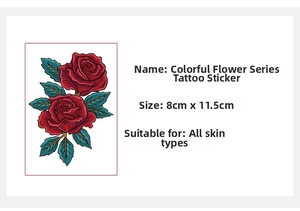 Detail view of red rose tattoo sticker showing 8x11.5cm size and product specifications