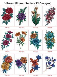 Macro view of 12 colorful floral tattoo sticker designs with rose and lily patterns