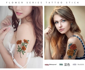 Detailed realistic flower tattoo stickers on arm showing waterproof and vibrant color finish