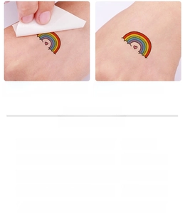 Detail of colorful heart temporary tattoo application steps and durability guide on skin